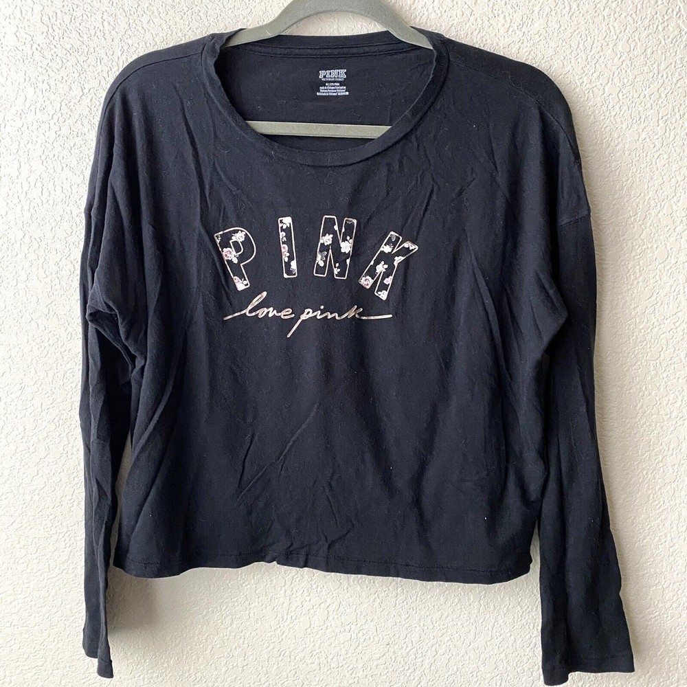 Pink Victoria's Secret Womens Shirt Size M Long Sleeve Crop Black
